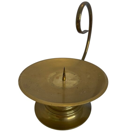 Brass Chamber Pillar Candle Holder Scroll Swirl Handle Colonial Style Vintage - Picture 7 of 7